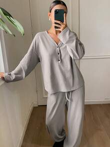 DAZY Women's Casual Plush Partial Zip Loungewear Set, Autumn/Winter - Grey - View 3