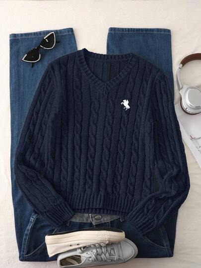 SHEIN 1pc Women's Classic Cable Knit Pullover Sweater, V-Neck Slim Fit Long Sleeve Regular Thickness Knit Top With Black Horse Embroidery Decor, Comfortable & Versatile For Spring/Autumn, Casual Everyday Wear Preppy Blue Clothes Youth Sweaters Navy Blue Sweater Blue Sweater Cable Knit Sweater