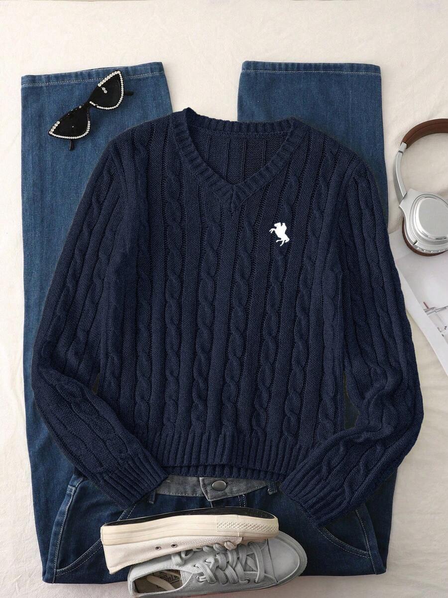 SHEIN 1 件女式经典粗针织套头衫，V 领修身长袖常规厚度针织上衣，带有黑色骏马刺绣装饰，舒适百搭，适合春秋季节，休闲日常穿着 - 藏蓝色 - 查看 1