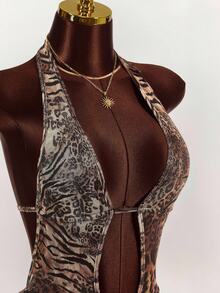 Amplova Women's All-Over Print Hollow Out Backless Sexy Sleeveless Bodysuit Leopard Print Dress