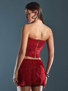 Denimoi 丝绒牛仔超短迷你裙性感GNO夜店演唱会时尚 - 紅色 - 查看 5