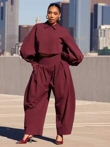 Vixey Pointed Collar Volume Balloon Sleeve Cropped Button Up Shirt - Purple - View 3