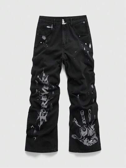 Street Life Jeans amples et décontractés pour hommes avec lettres et empreintes de main, automne