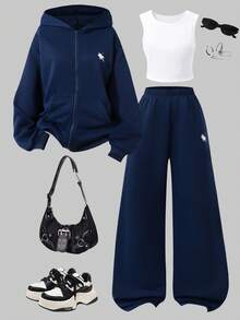 Sparklyn 3pcs/Set Teen GirlCasual Outfit, Including Hooded Zip-Up Sweatshirt With Horse Print, White Tank Top, And Elastic Waist Straight Leg Pants, Autumn - Navy Blue - View 3