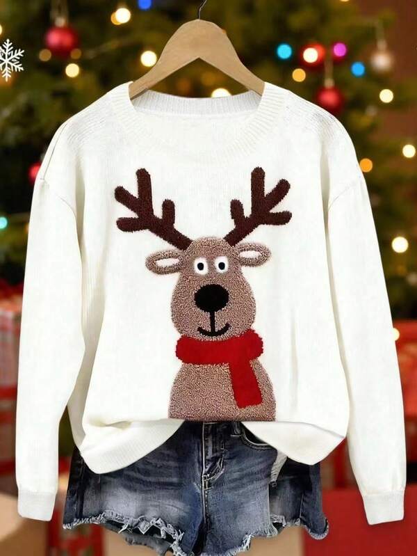 Franclia Suéter holgado de cuello redondo de manga larga con estampado de ciervos 3D de estilo jacquard, nueva vibra navideña europea y americana