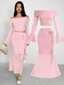 SHEIN 少女合身休闲简约舒适露肩喇叭袖上衣，3D 花卉装饰，A 字裙套装 - 粉色 - 查看 1