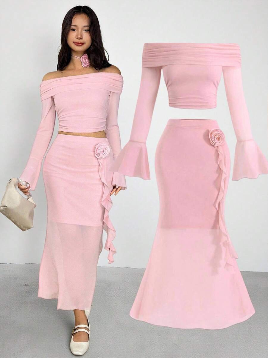 SHEIN 少女合身休闲简约舒适露肩喇叭袖上衣，3D 花卉装饰，A 字裙套装 - 粉色 - 查看 1