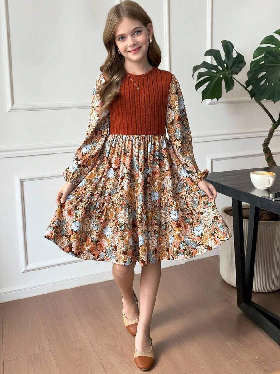 SHEIN Váy LUNE in hoa tay bồng bèo nhún cho bé gái tuổi mới lớn, họa tiết hoa Pháp, váy cổ tích, phong cách đồng quê - Cà phê nâu - Xem 1