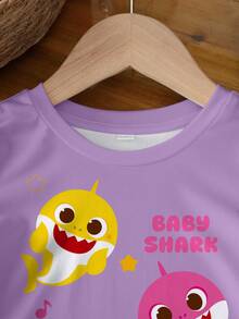BABY SHARK X SHEIN Baby Girl Cute Cartoon Shark & Letter Graphic Short Sleeve T-Shirt, Casual Everyday Wear - White - View 3