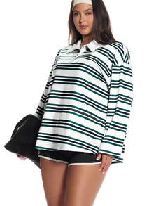 Solavibe 大码女式条纹Polo领落肩卫衣