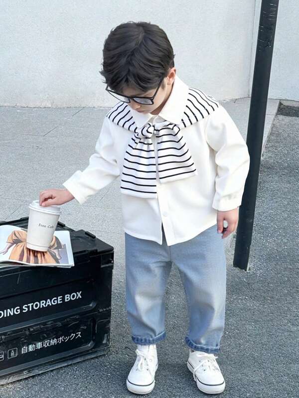 Genkimix Kids 2pcs Set: Young Boy Versatile Casual White Soft Woven Fabric Button-Up Shirt With Shawl Collar Decoration + Elastic Waist Distressed Jeans, Suitable For Outings, Outdoor Activities & Gatherings Chic Outfits For Autumn/Winter