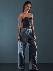 Denimoi Metal Stud Decor Wide Leg Washed Denim Jeans Fashionable Streetwear Grommet Hardware Detail - Medium Wash - View 4