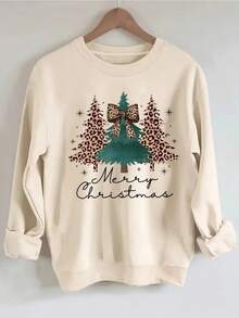 Sudadera casual festiva para mujer, diseño moderno de árbol de Navidad y lazo con estampado de leopardo, tela suave, corte holgado, cuello redondo, manga larga, otoño e invierno, ideal para reuniones y uso diario - Beis - Ver 1