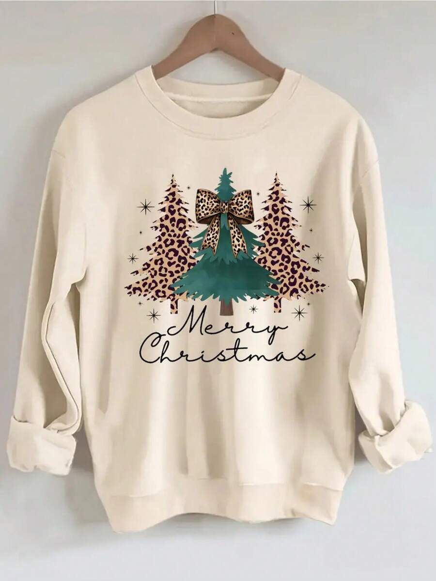 Sudadera casual festiva para mujer, diseño moderno de árbol de Navidad y lazo con estampado de leopardo, tela suave, corte holgado, cuello redondo, manga larga, otoño e invierno, ideal para reuniones y uso diario - Beis - Ver 1