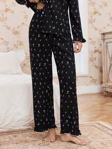 CottageSlumber Women's Floral Bubble Ruffle Collar Top And Pants Pajama Set, Fall & Winter Clothes - Black - View 7