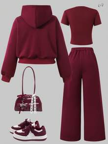 Sparklyn Zestaw 3 szt./zestaw dla nastolatek, dziewczęcy, uniwersalny, termiczny, podszyty, zapinany na zamek błyskawiczny zestaw z koszulką z nadrukiem i rozkloszowanymi spodniami, odpowiedni na jesienno-zimowe spacery na świeżym powietrzu, zakupy, dojazdy do pracy, można sparować z ocieplaną kurtką - Burgund - Zobacz 2