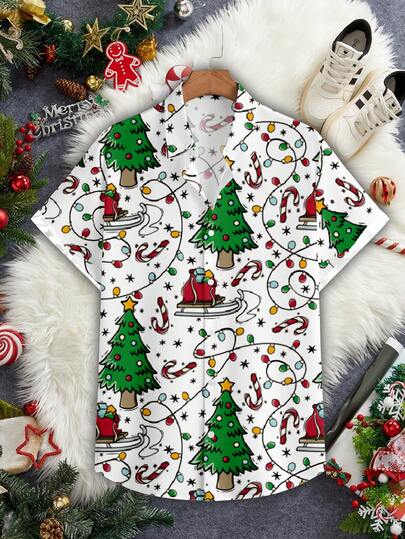 Manfinity RelaxMax 大码男士休闲圣诞灯和圣诞树印花白色修身短袖衬衫