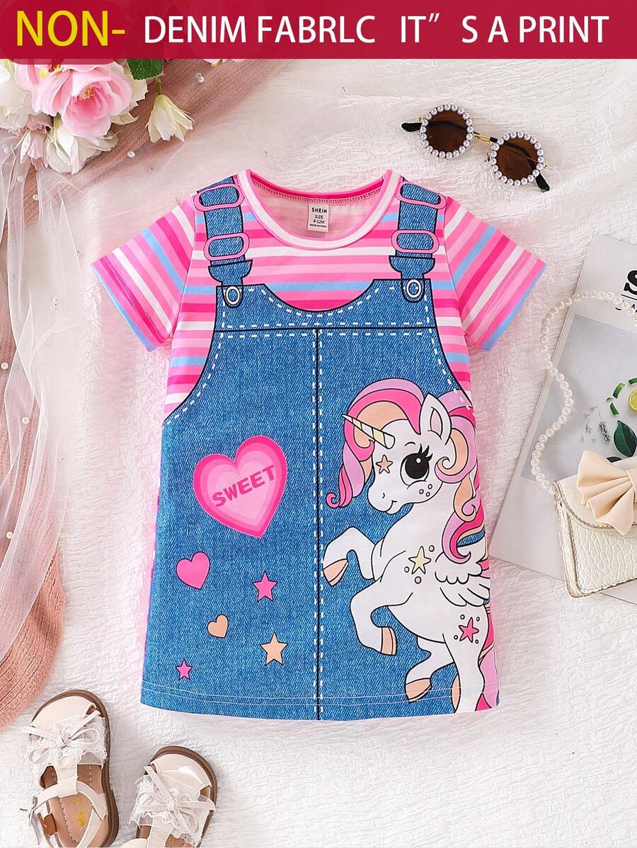 SHEIN Gaun Bayi Perempuan Kartun Blok Warna Geometris Hati Striped - MultiWarna - View 1