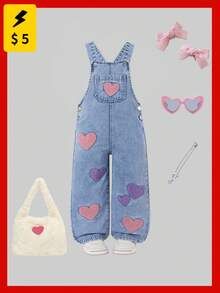 SHEIN Denimly 少女牛仔连体裤。推荐甜美清凉的学院风休闲风！紫色+粉色爱心羊毛刺绣，甜美可爱。可调节肩带。侧面纽扣设计，方便穿着。宽松舒适。适合外出、购物、日常休闲、上学、旅行和度假。