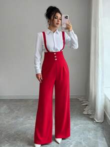 Elenzga Women's Elegant Romantic Straight Leg Pants With Suspender Waist And Button Decor - Red - View 5