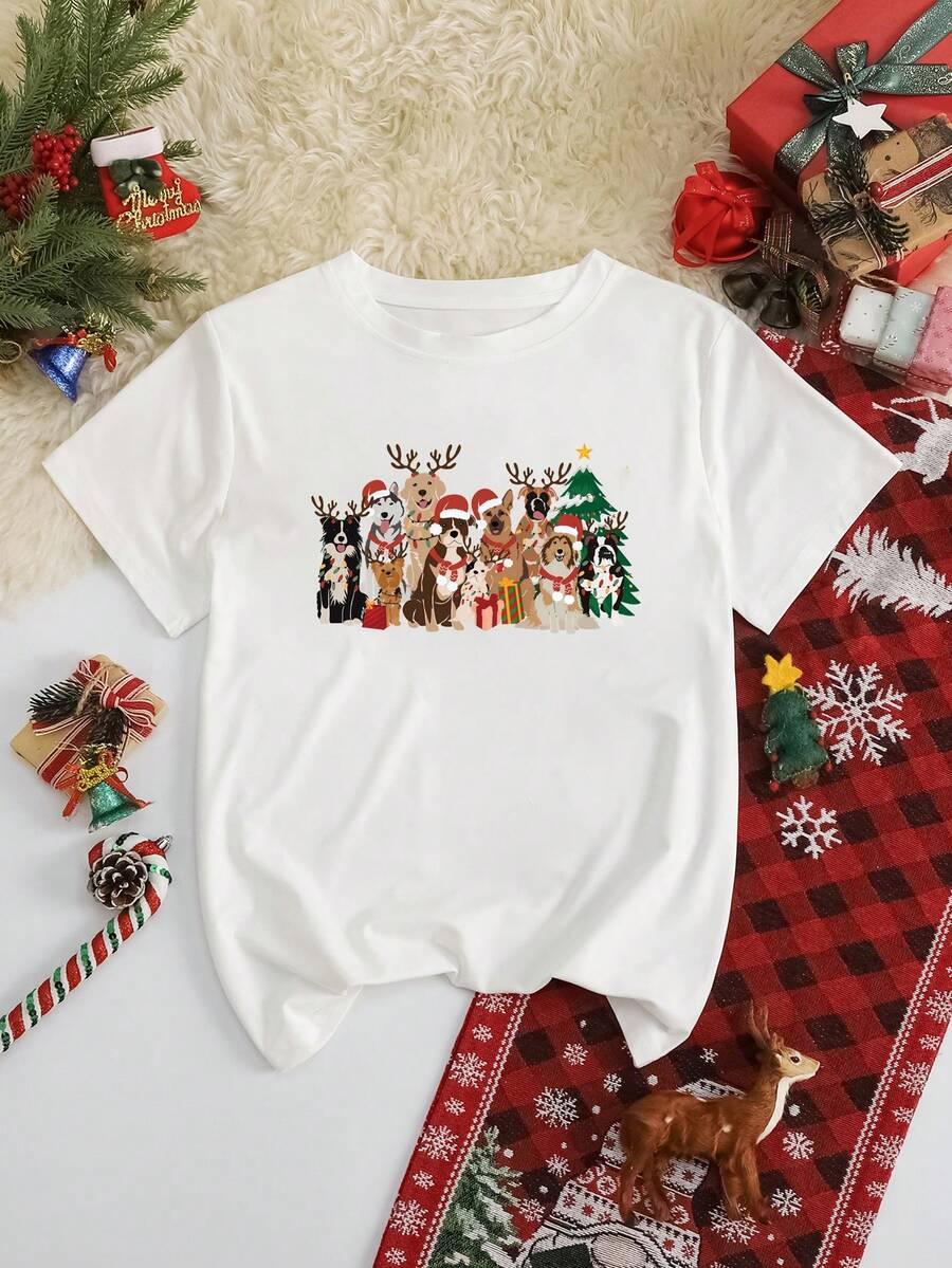 INAWLY Weihnachts-Cartoon-Hund-Muster Rundhals Kurzarm T-Shirt Grafik Tops für Frauen - Weiss - Übersicht 1