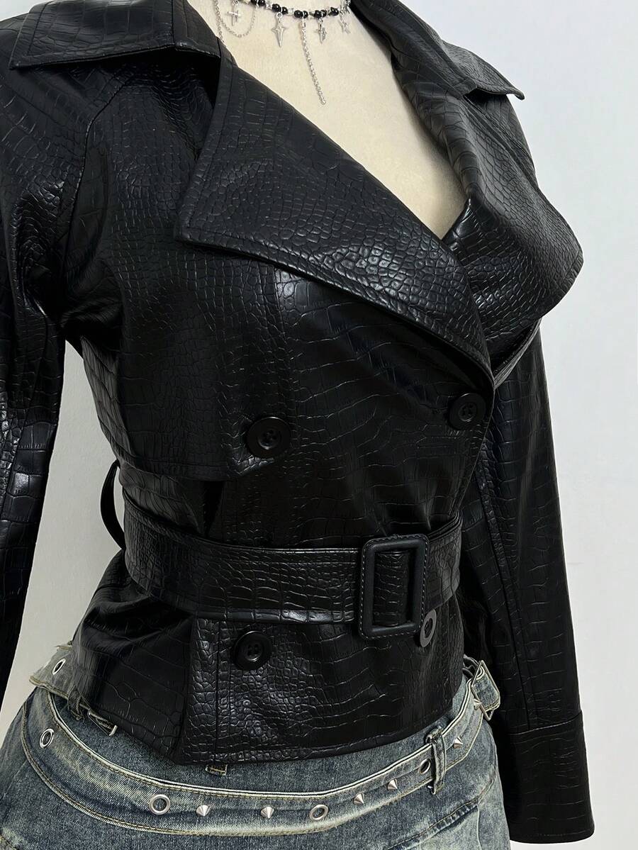 SHEIN Unity 女士秋冬黑色 PU 鳄鱼皮翻领纽扣设计腰带修身时尚优雅欧美别致夹克 - 黑色 - 查看 1