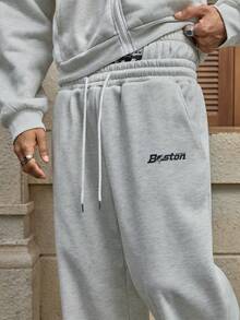 AXEPEAK 男士休闲连帽衫套装，带印花双层兜帽和双腰带，灰色，春秋 - 灰色 - 查看 5