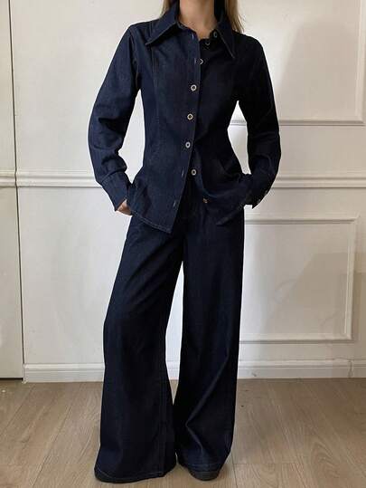 DAZY 女式立领收腰牛仔夹克和宽松直筒牛仔裤休闲牛仔套装