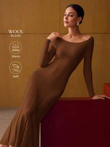 MOTF PREMIUM SCOOP NECK BIAS CUT SWEATER DRESS - Camel - View 1
