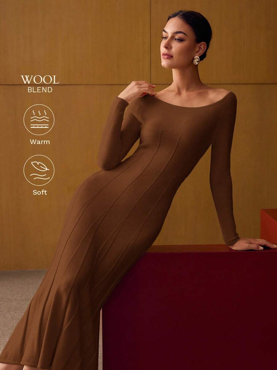 MOTF PREMIUM SCOOP NECK BIAS CUT SWEATER DRESS - Camel - View 1