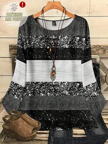 EMERY ROSE Camicia casual oversize da donna con stampa all-over, collo tondo, maniche a 3/4, morbida, adatta per autunno/inverno