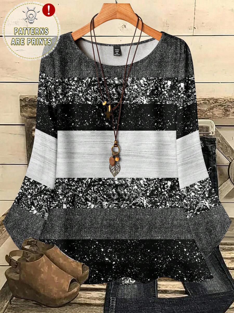 EMERY ROSE Camicia casual oversize da donna con stampa all-over, collo tondo, maniche a 3/4, morbida, adatta per autunno/inverno