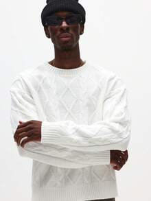SUMWON 男士圆领套头毛衣，长袖，冬季舒适针织衫，经典菱形图案设计，男士毛衣上衣，针织衫，男士套头衫，男士纯色针织衫 - 白色 - 查看 5