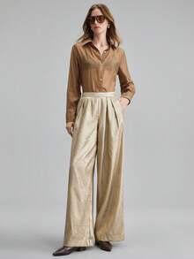 Ontre Trang phục nữ thanh lịch cao cấp cho phong cách thường ngày và công sở hiện đại trong mùa Thu/Đông 2025, Phong cách tinh tế giản dị, Trang phục công sở chất lượng cao, Thời trang sân bay, Trang phục du lịch, Đồ thiết yếu đa năng cho bốn mùa, Trang phục dự tiệc và Giáng sinh, Quần ống rộng phủ vải vàng bóng - Vàng - Xem 2