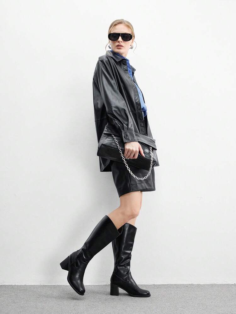 CUCCOO BIZCHIC Women's Fashion Over-The-Knee Boots, Square Toe Chunky Heel Design, Solid Black Color, Back Zipper Closure Simple Basic Style, Versatile With Skirts, Jeans, Coats, Suitable For Autumn/Winter, Fashion Shows, Commuting, Stylish Women's Tall Boots