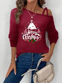 SHEIN LUNE Women's Casual Christmas Tree Letter Print Long Sleeve T-Shirt,Dark Red,Autumn,Occasion,New Year Party,Family Matching Gathering,Graphic Red Top - Burgundy - View 5