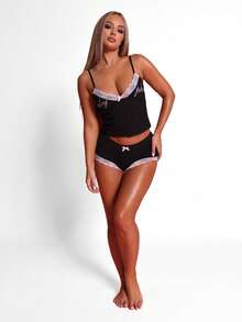 BABYPHAT Áo hai dây in chữ ren tương phản trang trí nơ cho nữ - màu đen - Xem 4