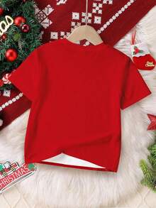SHEIN Jungen Lässiger, stilvoller, warmer und bequemer klassischer Weihnachtsbaum-Muster Weihnachten Cartoon Stil Rundhals Loose Fit Kurzarm T-Shirt, geeignet für den Sommer