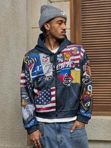 AXEPEAK Men's Fashionable American Style Graphic Print Hoodie Sweatshirt, Autumn - Black - View 1
