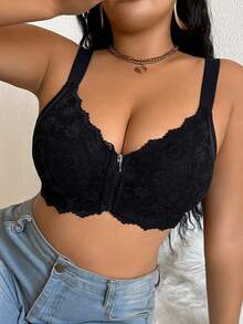 SHEIN 1pc Plus Size Black Wireless Lace Front Zip Closure Comfortable Wide Strap Bra - Black - View 5