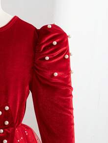 1pc Girls' Autumn New Velvet Fabric Round Neck Long Sleeve Ruched Gigot Sleeve Dress With Bow Waist And Sequin Hem, Red, Suitable For Christmas, Parties, Ceremonies - Red - View 7