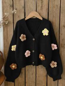 SHEIN Vintaside Kids 可爱彩色3D花卉杏色开衫毛衣，适合青少年女孩秋冬 - 黑色 - 查看 3