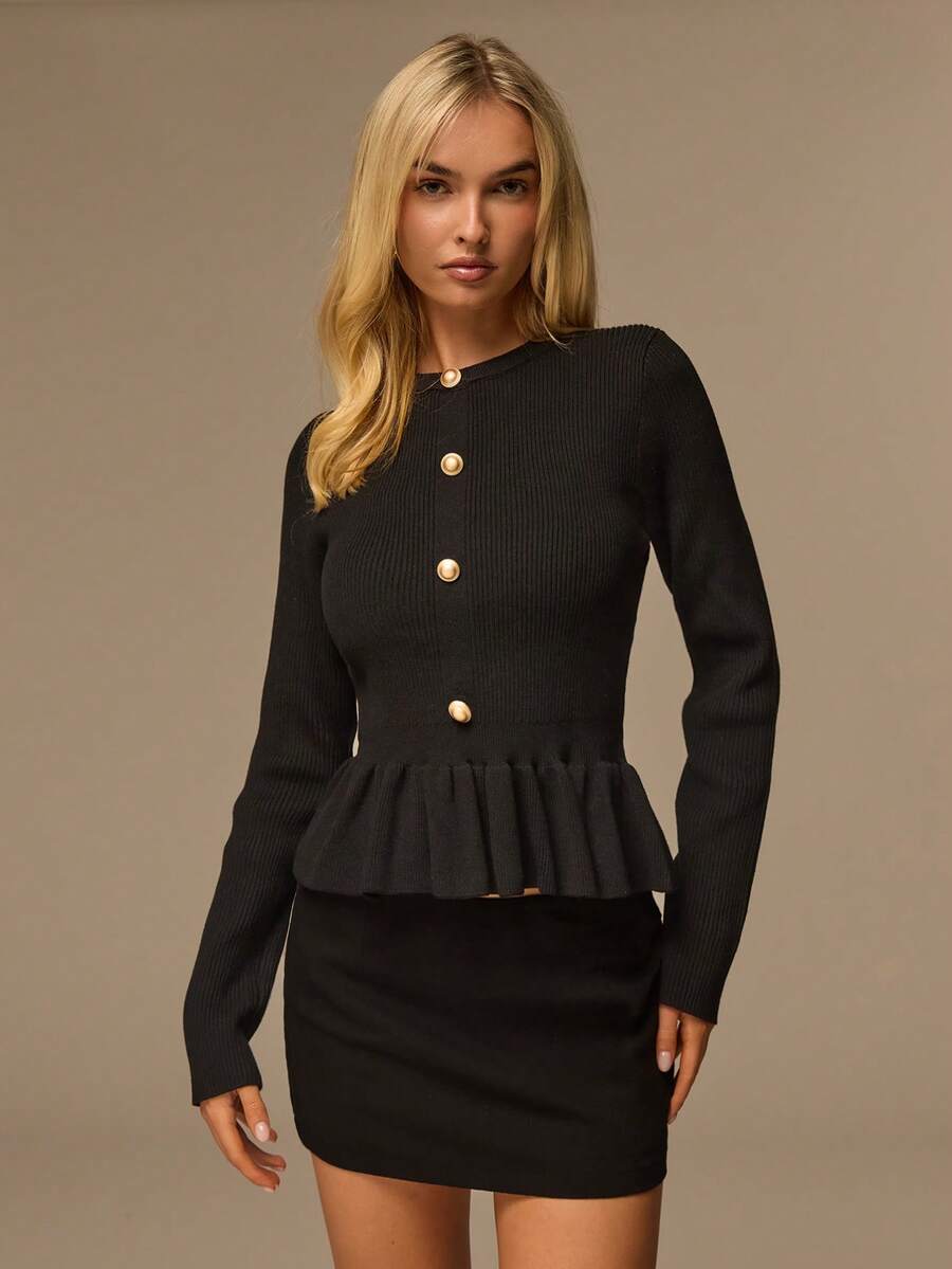 Glamine Áo len chui đầu dài tay đơn giản, cổ tròn, cài nút kim loại, thiết kế viền bèo nhún thanh lịch cho buổi tối hẹn hò dành cho nữ - màu đen - Xem 1