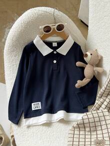 Playful Pals 秋冬款幼儿男童休闲平领前扣长袖 Polo 衫 - 寶藍色 - 查看 6