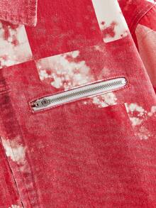 ROMWE MEN Street Life 男士秋季格子长袖拉链休闲牛仔夹克 - 紅色 - 查看 4