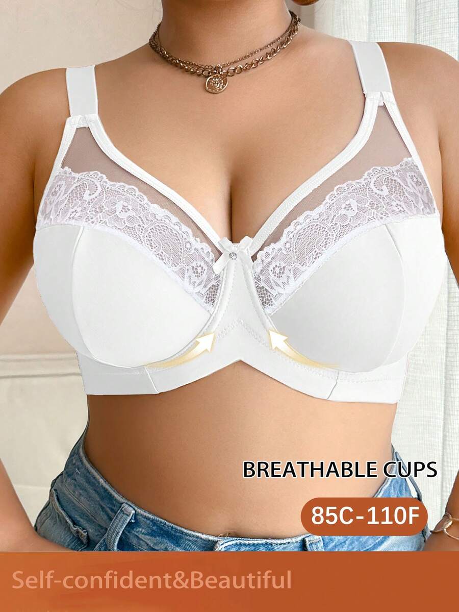 DesireSculpt Plus Size Solid Color Contrast Lace Underwire Bra - White - View 1