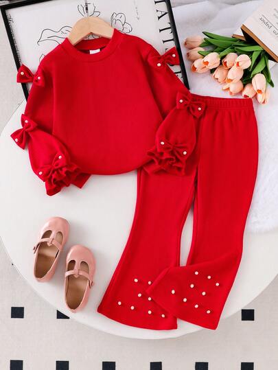 Elladie kids 2pcs Young Girls Knit Sweatshirt With Bow & Pearl Decor, Round Neck Top And Flared Pants Set, Casual Outfit For Spring/Autumn