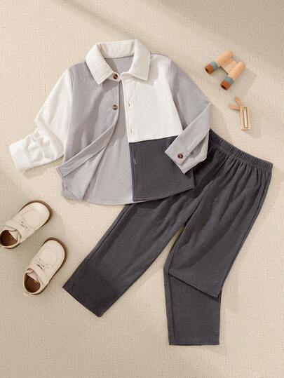 Souflis 4-7岁男童复古法式灯芯绒套装，复古拼色衬衫+直筒裤，柔软有弹性的灯芯绒面料适合春秋季节，领口+复古纽扣细节设计，适合上学、户外、家庭聚会等场合，让男童成为时尚小明星