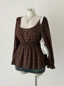 Sunspun 大码女式碎花长袖U领衬衫，甜美可爱 - 棕色 - 查看 1