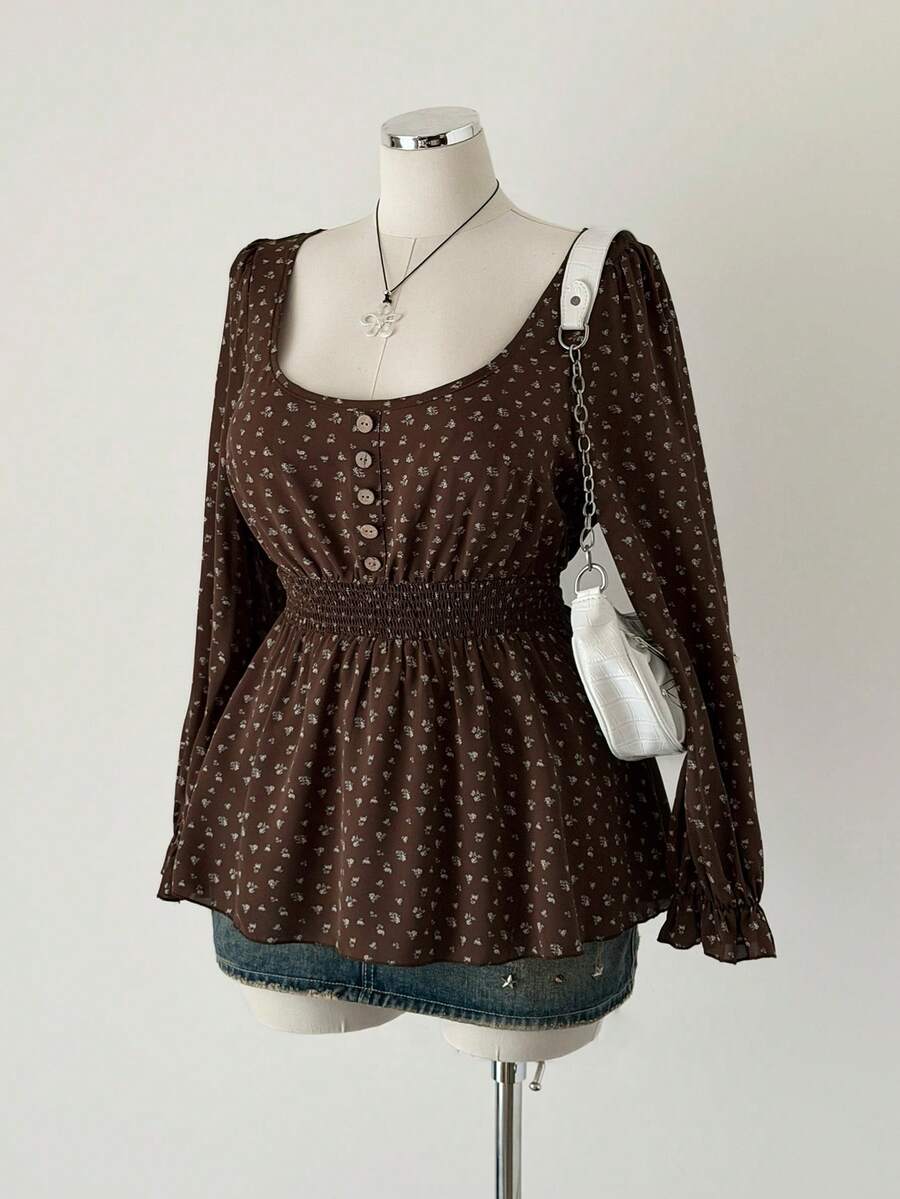 Sunspun 大码女式碎花长袖U领衬衫，甜美可爱 - 棕色 - 查看 1